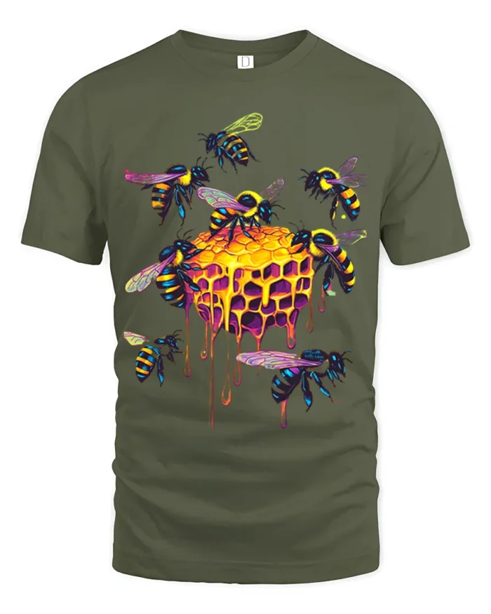 Neon Honeycomb Bee T-Shirt Vibrant Dripping Hive Tee - military green t-shirt on white background