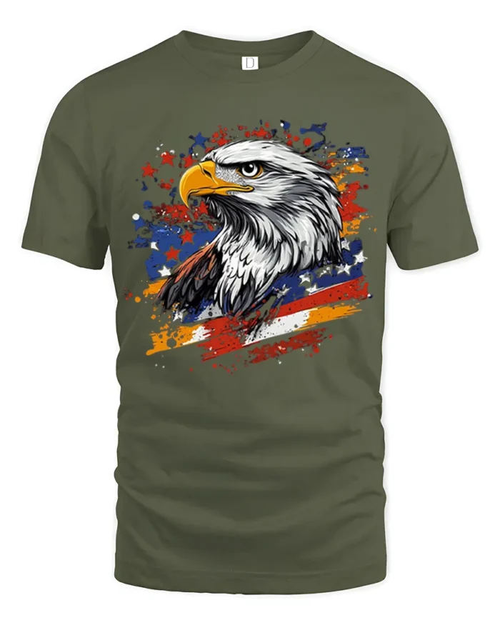 Patriotic Eagle T-Shirt with USA Flag Splash Graphic - military green t-shirt on white background