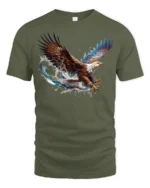 Flying Bald Eagle T-Shirt Majestic Water Splash Graphic - military green t-shirt on white background