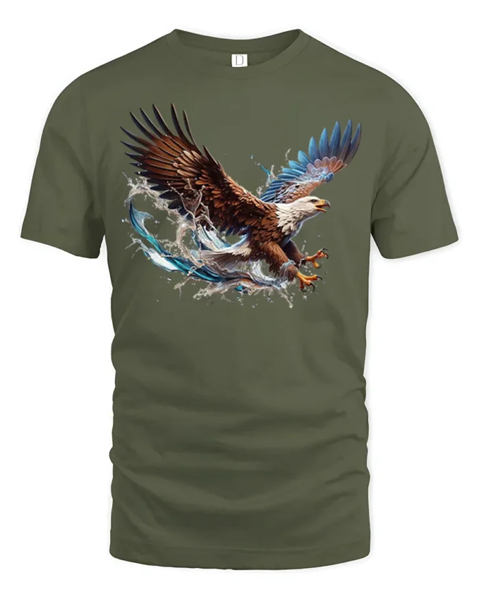 Flying Bald Eagle T-Shirt Majestic Water Splash Graphic - military green t-shirt on white background