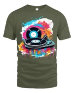 Vinyl Record Turntable T-Shirt Color Splash DJ Design - military green t-shirt on white background