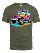 Colorful Off-Road Jeep T-Shirt Adventure Graphic Tee - military green t-shirt on white background