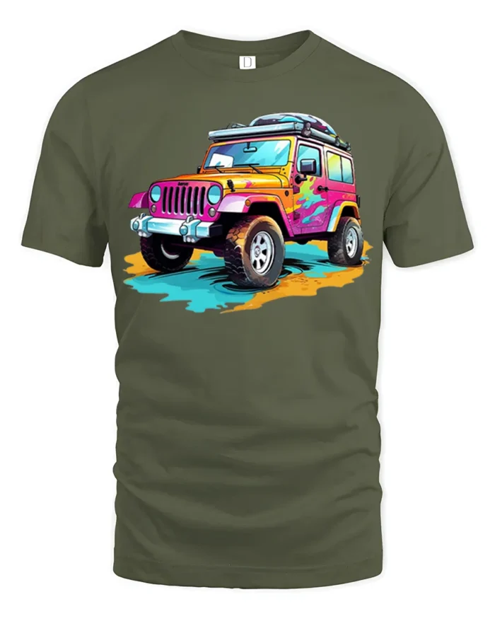 Colorful Off-Road Jeep T-Shirt Adventure Graphic Tee - military green t-shirt on white background