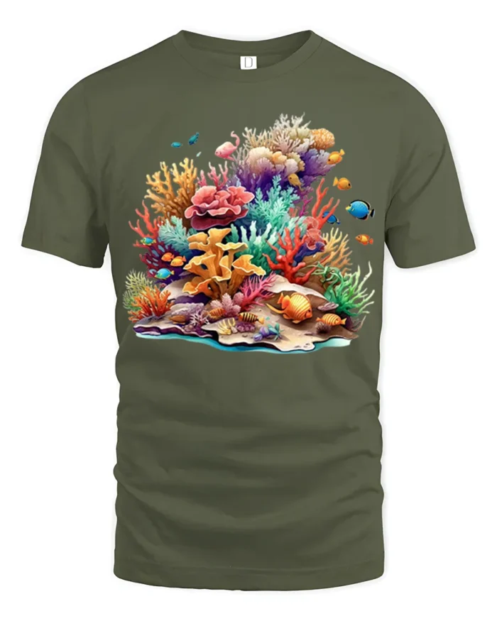 Colorful Coral Reef T-Shirt Ocean Life Graphic Tee - military green t-shirt on white background