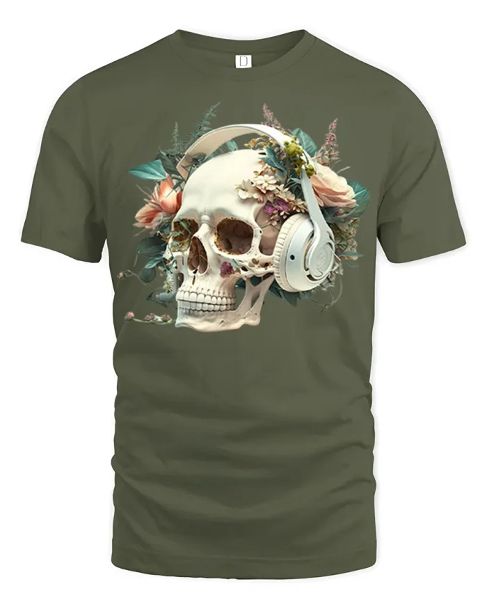 Floral Skull with Headphones T-Shirt Gothic Music Tee - military green t-shirt on white background