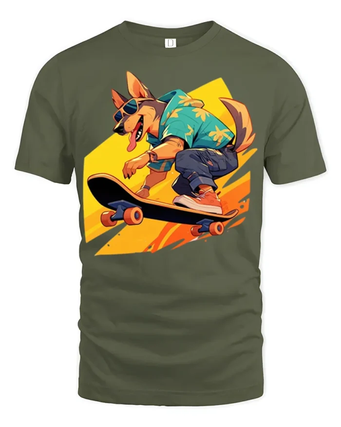 Cool Dog Skateboarding T-Shirt Funny Streetwear Tee - military green t-shirt on white background