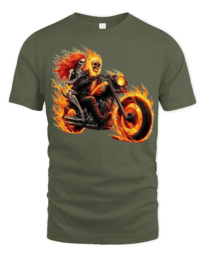 Flaming Skeleton Motorcycle T-Shirt Biker Rider Tee - military green t-shirt on white background