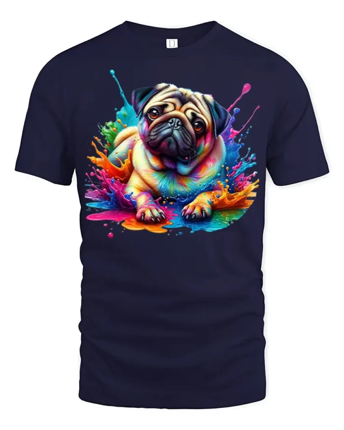 Color Splash Pug T-Shirt Cute Dog Graphic Tee for Pet Lovers - navy t-shirt on white background