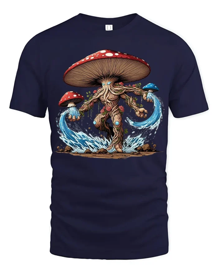 Mystic Mushroom Elemental T-Shirt Fantasy Nature Tee - navy t-shirt on white background