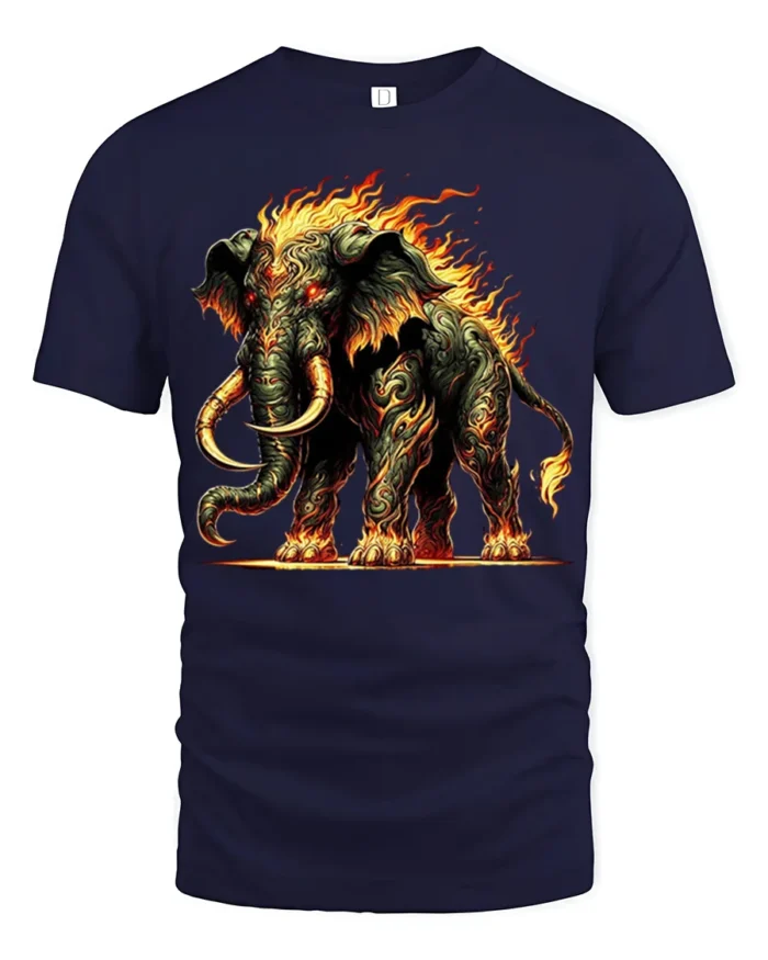 Fiery Mammoth T-Shirt Tribal Flame Elephant Graphic Tee - navy t-shirt on white background