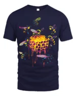 Neon Honeycomb Bee T-Shirt Vibrant Dripping Hive Tee - navy t-shirt on white background