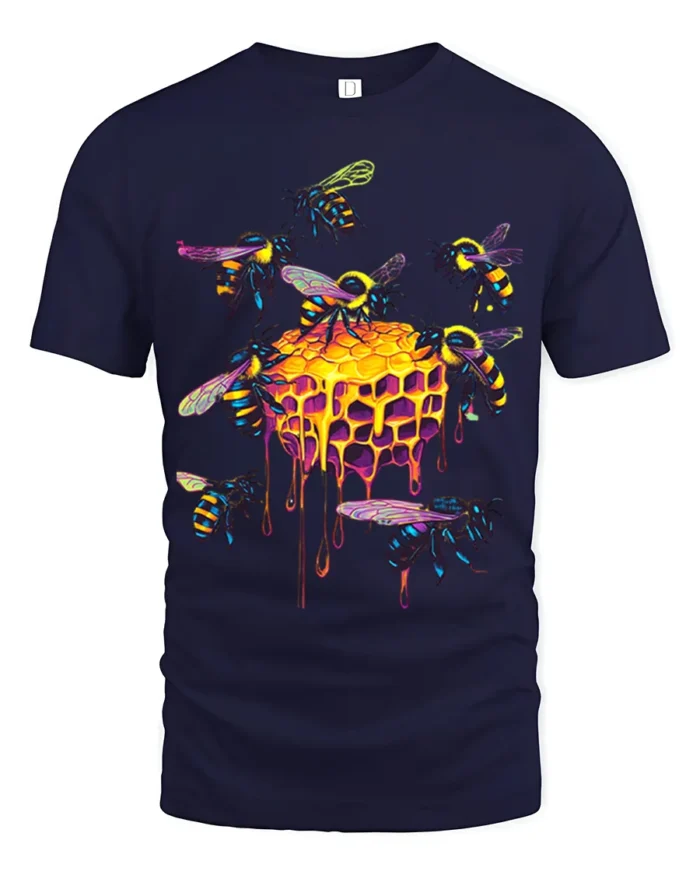 Neon Honeycomb Bee T-Shirt Vibrant Dripping Hive Tee - navy t-shirt on white background
