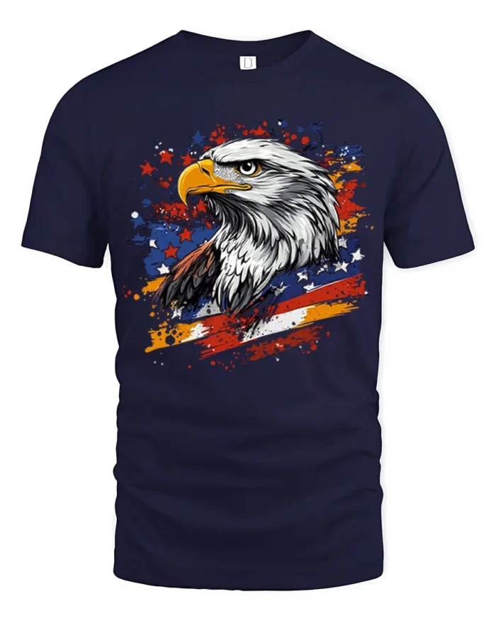 Patriotic Eagle T-Shirt with USA Flag Splash Graphic - navy t-shirt on white background