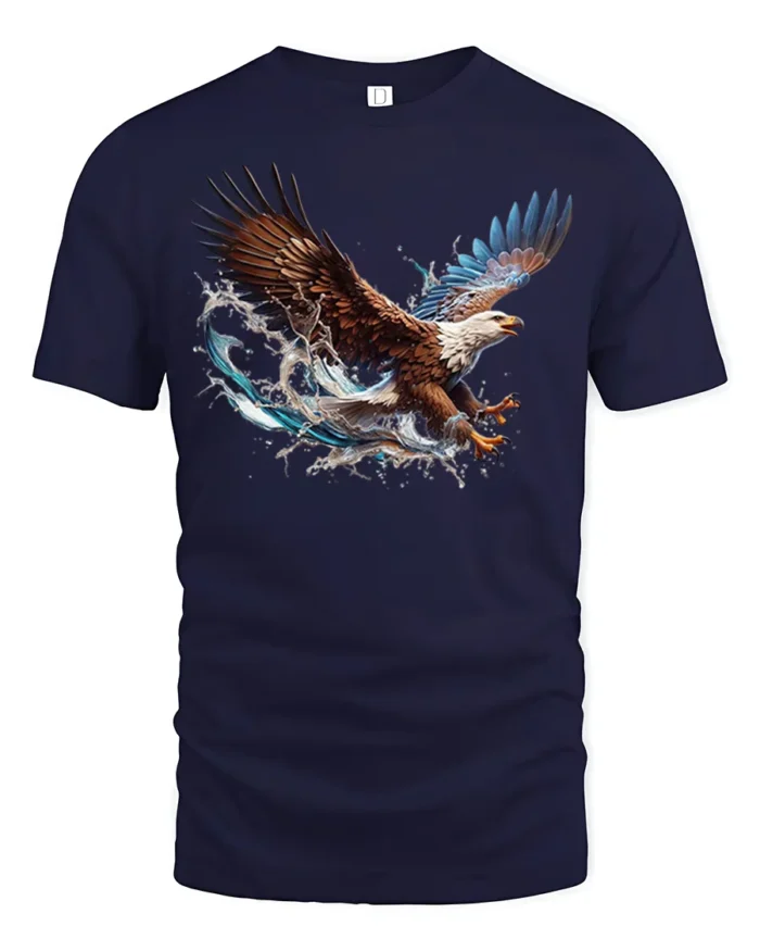 Flying Bald Eagle T-Shirt Majestic Water Splash Graphic - navy t-shirt on white background