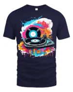 Vinyl Record Turntable T-Shirt Color Splash DJ Design - navy t-shirt on white background