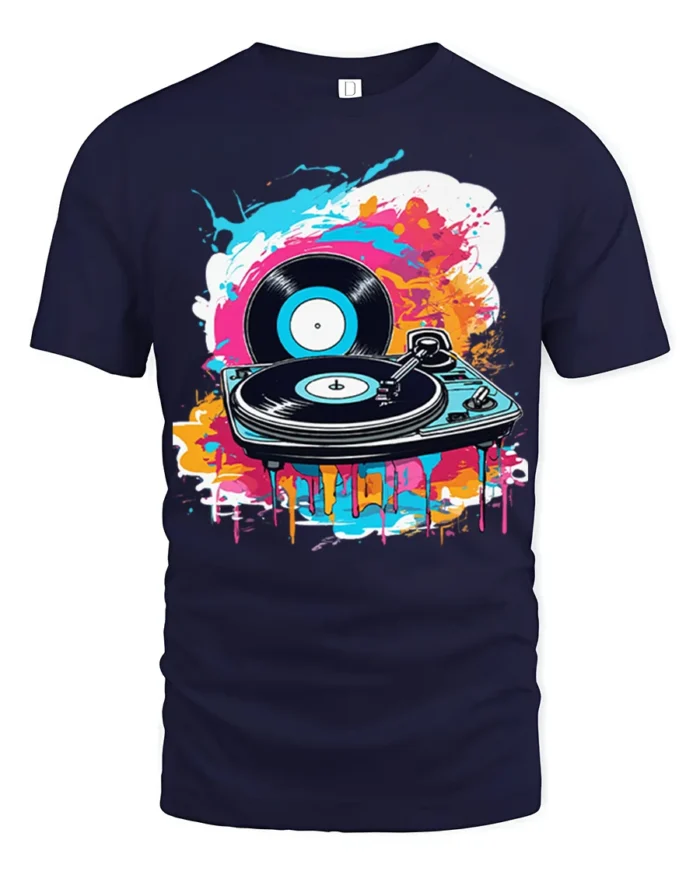Vinyl Record Turntable T-Shirt Color Splash DJ Design - navy t-shirt on white background