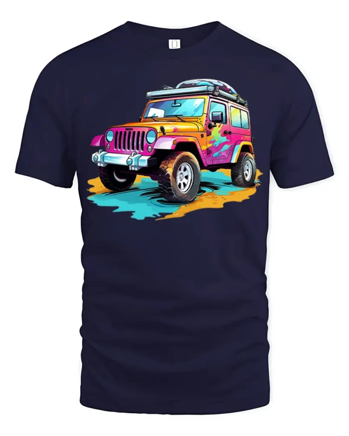 Colorful Off-Road Jeep T-Shirt Adventure Graphic Tee - navy t-shirt on white background