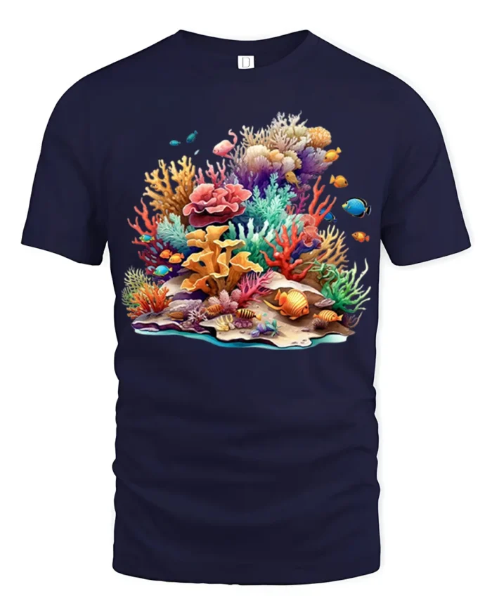Colorful Coral Reef T-Shirt Ocean Life Graphic Tee - navy t-shirt on white background