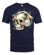 Floral Skull with Headphones T-Shirt Gothic Music Tee - navy t-shirt on white background