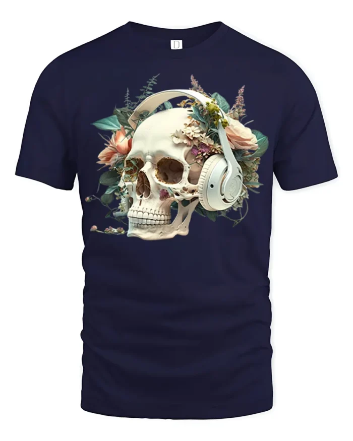 Floral Skull with Headphones T-Shirt Gothic Music Tee - navy t-shirt on white background