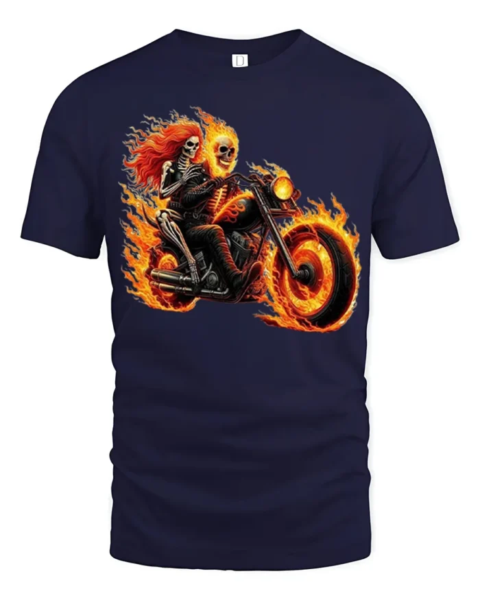 Flaming Skeleton Motorcycle T-Shirt Biker Rider Tee - navy t-shirt on white background
