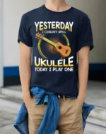 Cool Ukulele Graphic Tee Funny Musician T-Shirt Gift Idea - model wearing navy shirt, hands in pockets