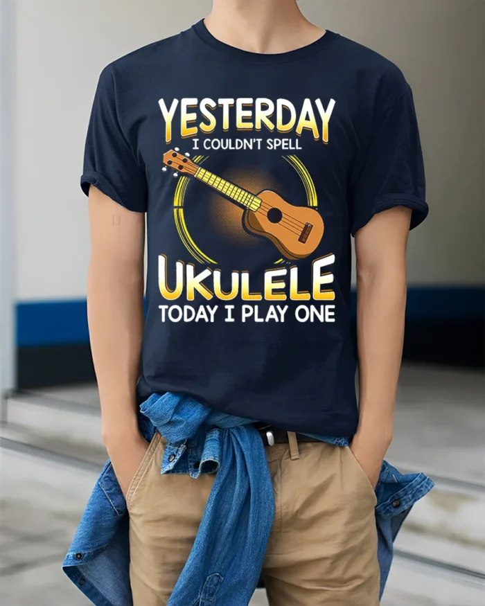 Cool Ukulele Graphic Tee Funny Musician T-Shirt Gift Idea - model wearing navy shirt, hands in pockets