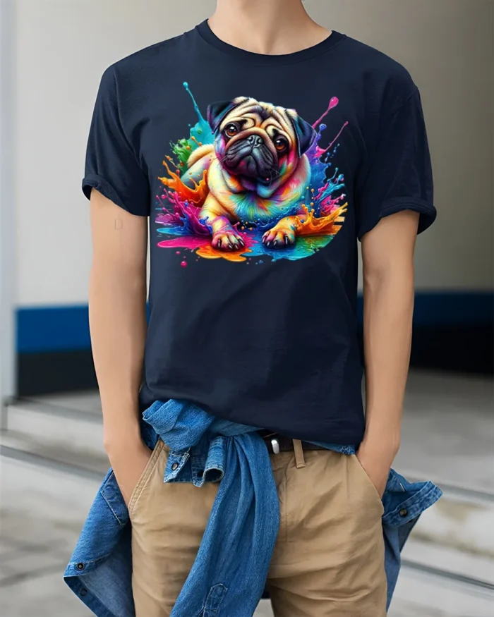 Color Splash Pug T-Shirt Cute Dog Graphic Tee for Pet Lovers - model wearing navy shirt, hands in pockets