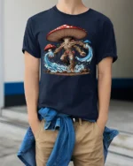 Mystic Mushroom Elemental T-Shirt Fantasy Nature Tee - model wearing navy shirt, hands in pockets