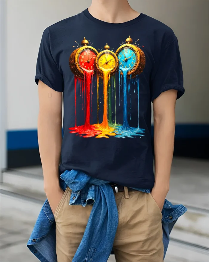 Melting Clocks T-Shirt Colorful Surreal Art Tee - model wearing navy shirt, hands in pockets