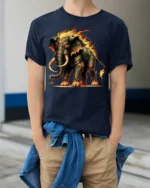 Fiery Mammoth T-Shirt Tribal Flame Elephant Graphic Tee - model wearing navy shirt, hands in pockets