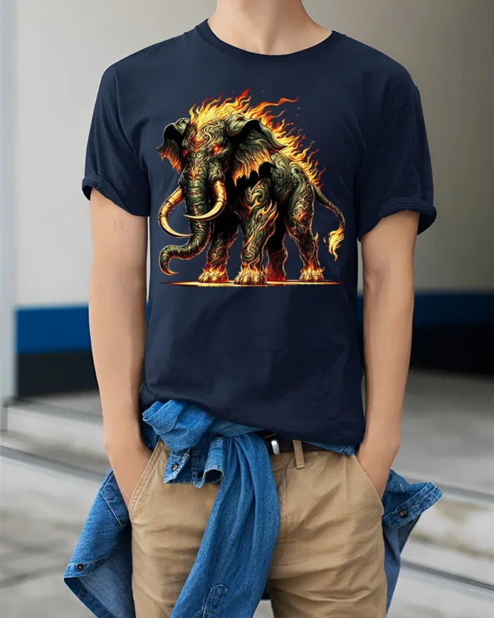 Fiery Mammoth T-Shirt Tribal Flame Elephant Graphic Tee - model wearing navy shirt, hands in pockets