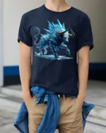 Ice Bull T-Shirt Frost Beast Graphic Tee for Bold Style - model wearing navy shirt, hands in pockets