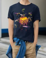 Neon Honeycomb Bee T-Shirt Vibrant Dripping Hive Tee - model wearing navy shirt, hands in pockets