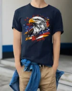 Patriotic Eagle T-Shirt with USA Flag Splash Graphic - model wearing navy shirt, hands in pockets