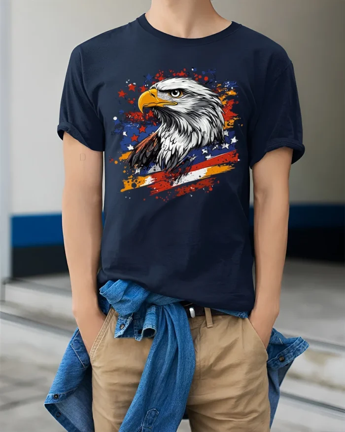 Patriotic Eagle T-Shirt with USA Flag Splash Graphic - model wearing navy shirt, hands in pockets