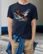 Flying Bald Eagle T-Shirt Majestic Water Splash Graphic - model wearing navy shirt, hands in pockets