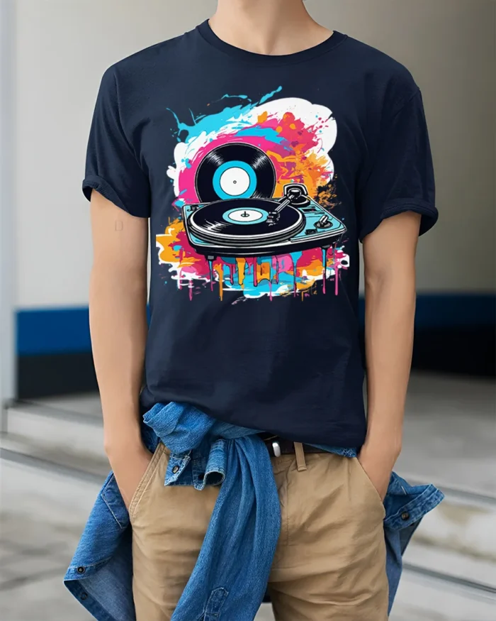 Vinyl Record Turntable T-Shirt Color Splash DJ Design - model wearing navy shirt, hands in pockets