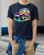 Colorful Off-Road Jeep T-Shirt Adventure Graphic Tee - model wearing navy shirt, hands in pockets