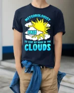 Funny Meteorologist T-Shirt Head in the Clouds Tee - model wearing navy shirt, hands in pockets
