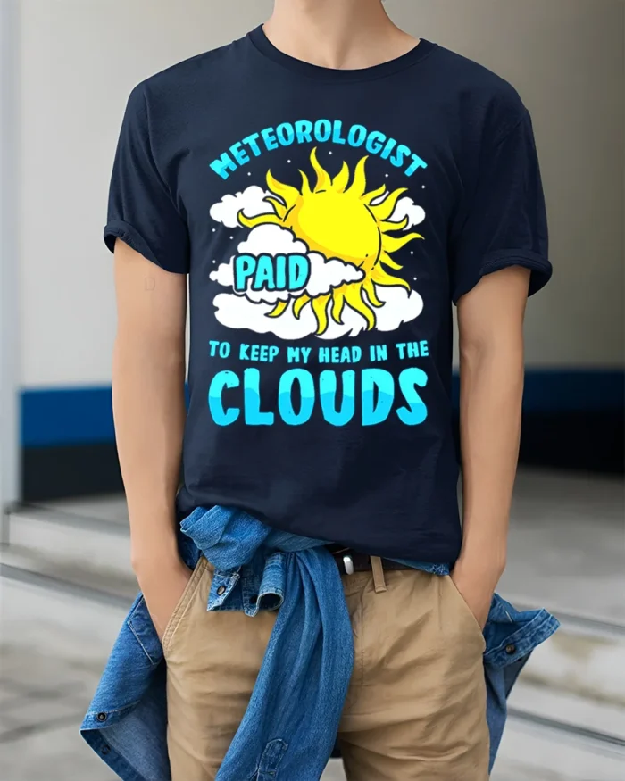 Funny Meteorologist T-Shirt Head in the Clouds Tee - model wearing navy shirt, hands in pockets