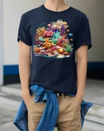 Colorful Coral Reef T-Shirt Ocean Life Graphic Tee - model wearing navy shirt, hands in pockets