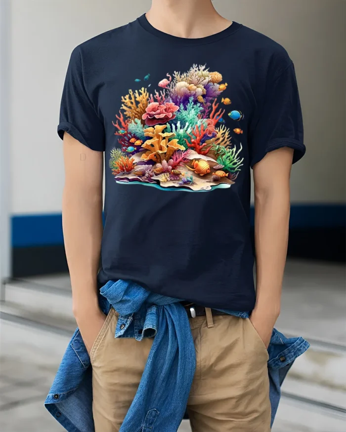Colorful Coral Reef T-Shirt Ocean Life Graphic Tee - model wearing navy shirt, hands in pockets
