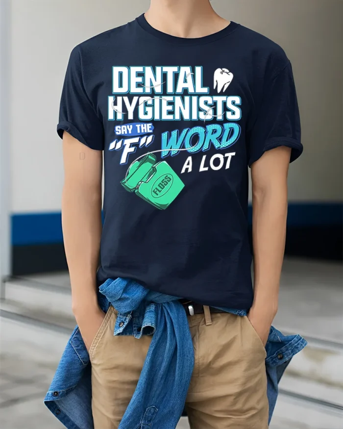 Funny Dental Hygienist T-Shirt Floss Joke Graphic Tee - model wearing navy shirt, hands in pockets
