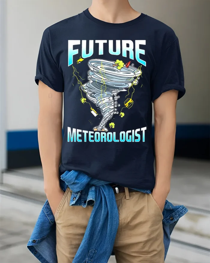 Future Meteorologist T-Shirt Tornado Storm Chaser Tee - model wearing navy shirt, hands in pockets
