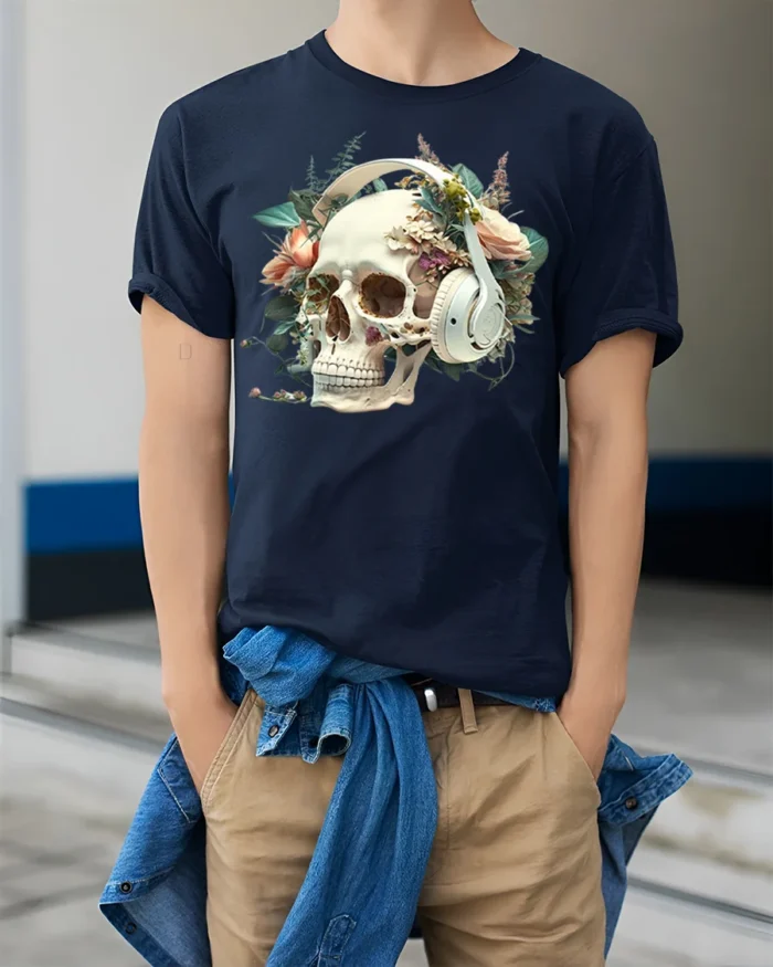 Floral Skull with Headphones T-Shirt Gothic Music Tee - model wearing navy shirt, hands in pockets