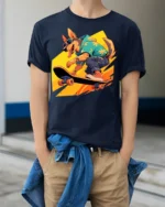 Cool Dog Skateboarding T-Shirt Funny Streetwear Tee - model wearing navy shirt, hands in pockets
