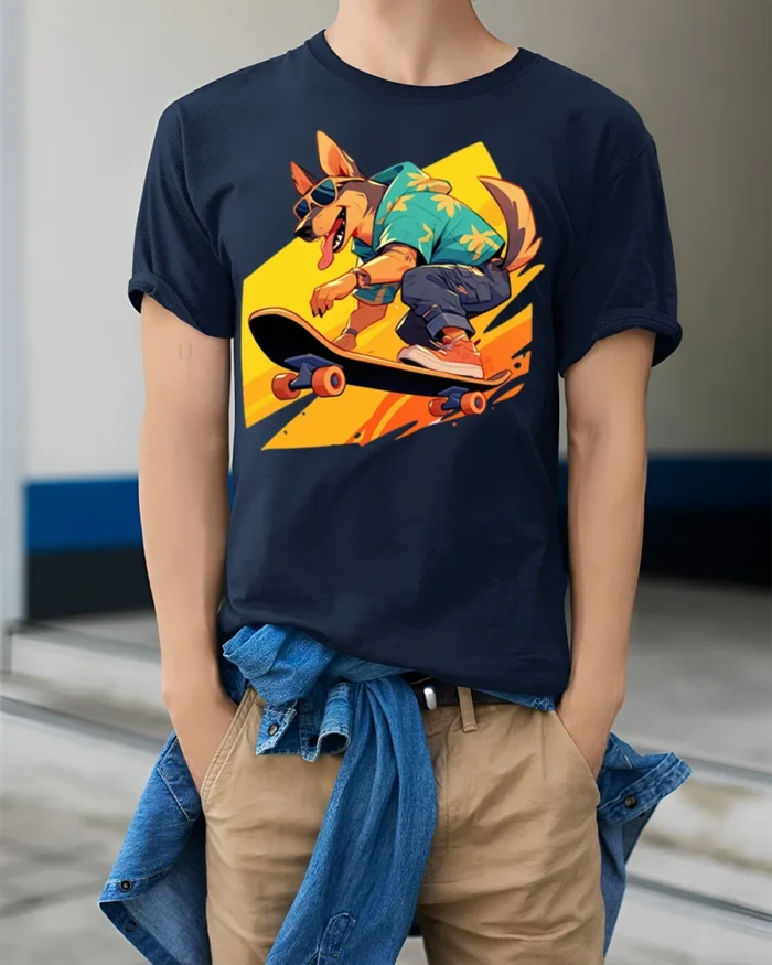 Cool Dog Skateboarding T-Shirt Funny Streetwear Tee - model wearing navy shirt, hands in pockets