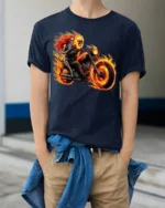 Flaming Skeleton Motorcycle T-Shirt Biker Rider Tee - model wearing navy shirt, hands in pockets
