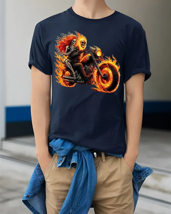 Flaming Skeleton Motorcycle T-Shirt Biker Rider Tee - model wearing navy shirt, hands in pockets
